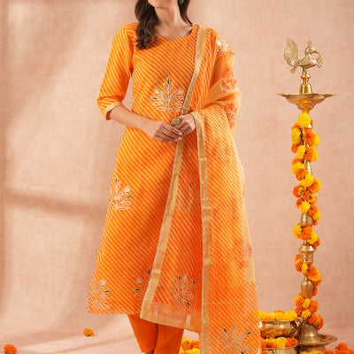 Leheriya Printed & Gota Embroidered Straight Kurta with Pant & Dupatta - Orange
