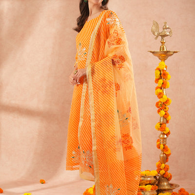 Leheriya Printed & Gota Embroidered Straight Kurta with Pant & Dupatta - Orange