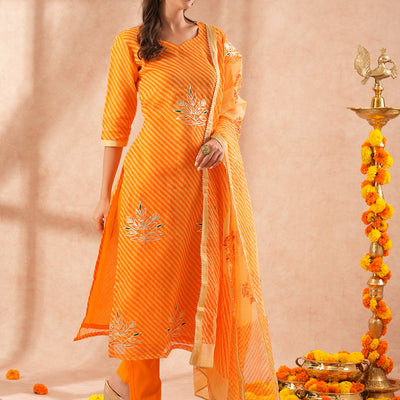 Leheriya Printed & Gota Embroidered Straight Kurta with Pant & Dupatta - Orange