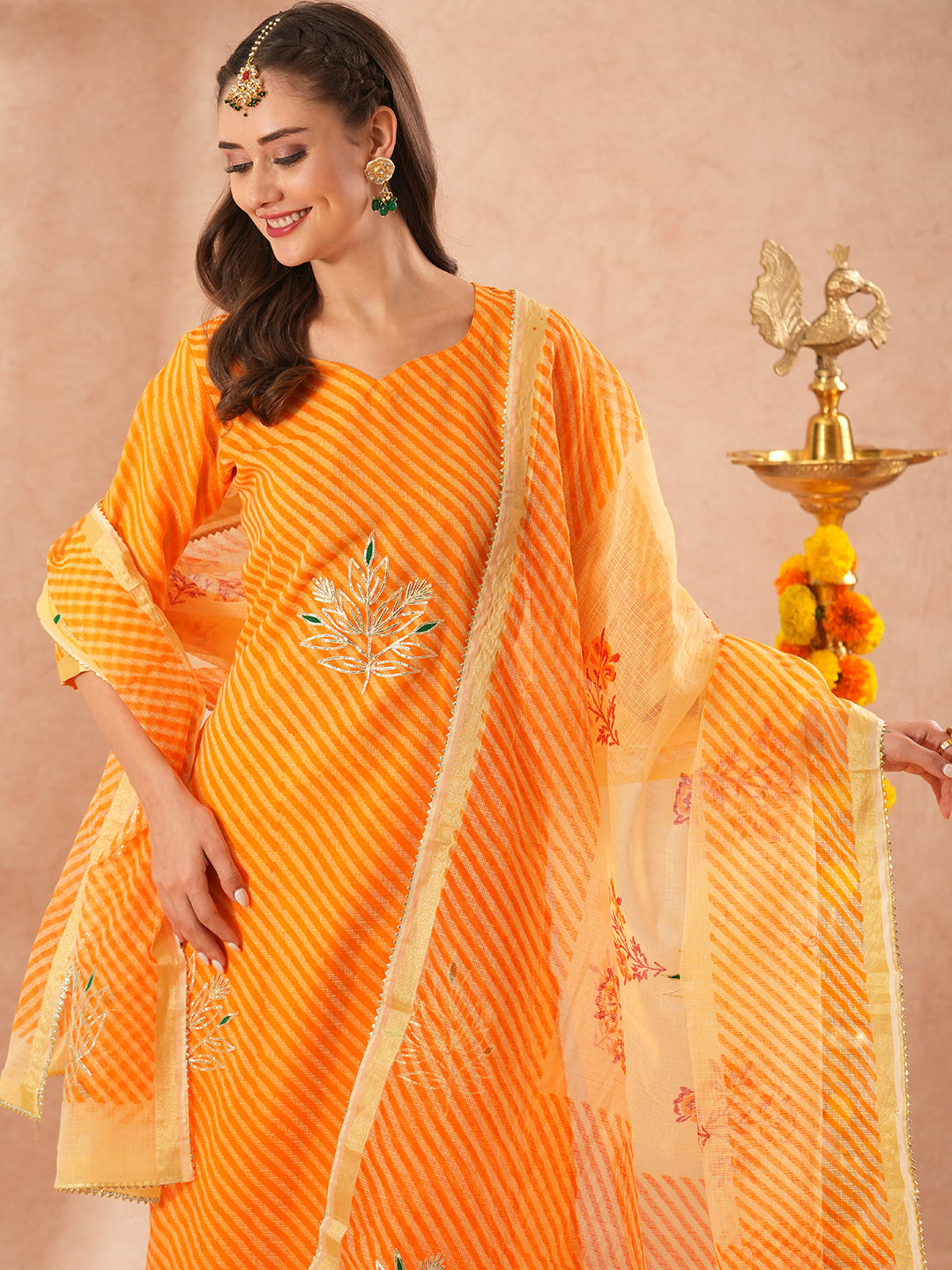 Leheriya Printed & Gota Embroidered Straight Kurta with Pant & Dupatta - Orange