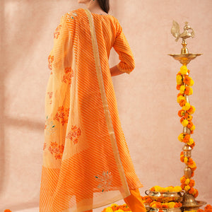 Leheriya Printed & Gota Embroidered Straight Kurta with Pant & Dupatta - Orange