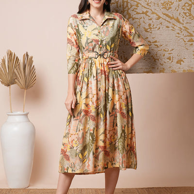 Abstract Geometric Printed A-Line Pleated Midi Dress with Buckle Belt - Multi