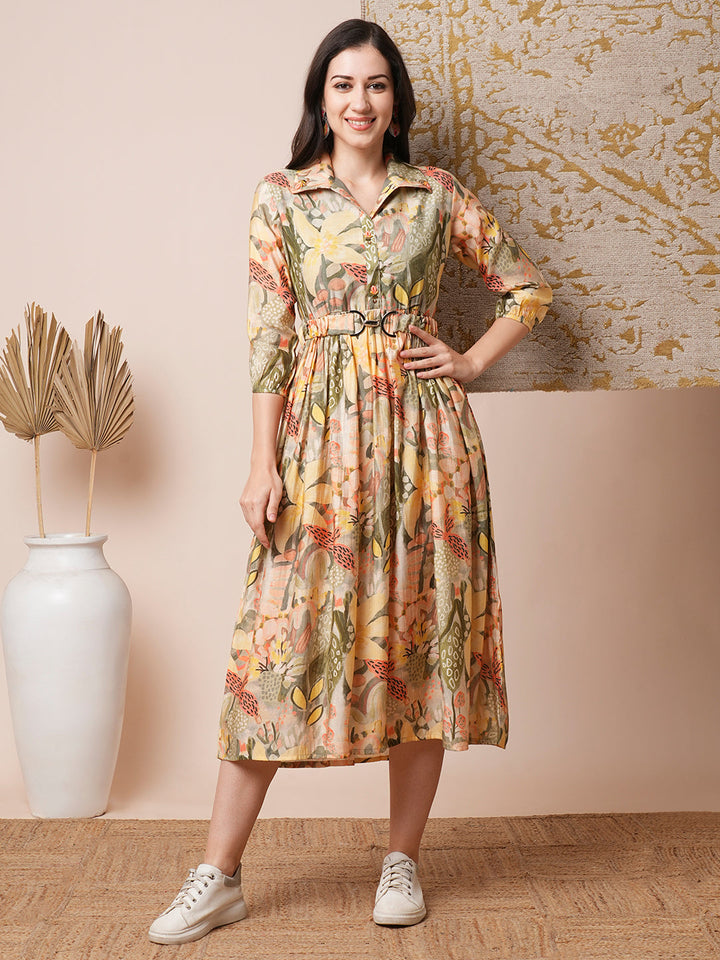 Abstract Geometric Printed A-Line Pleated Midi Dress with Buckle Belt - Multi