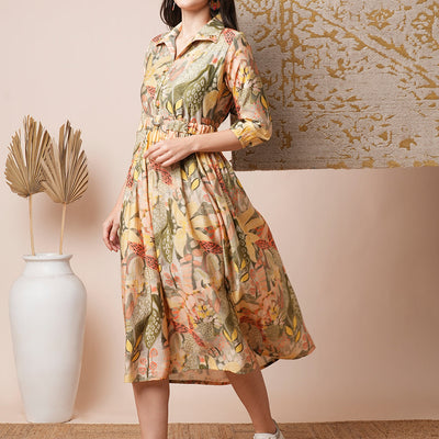 Abstract Geometric Printed A-Line Pleated Midi Dress with Buckle Belt - Multi