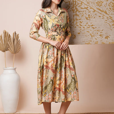 Abstract Geometric Printed A-Line Pleated Midi Dress with Buckle Belt - Multi