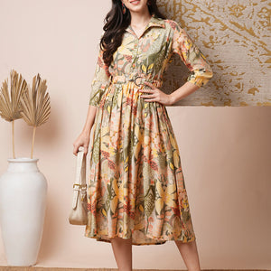 Abstract Geometric Printed A-Line Pleated Midi Dress with Buckle Belt - Multi