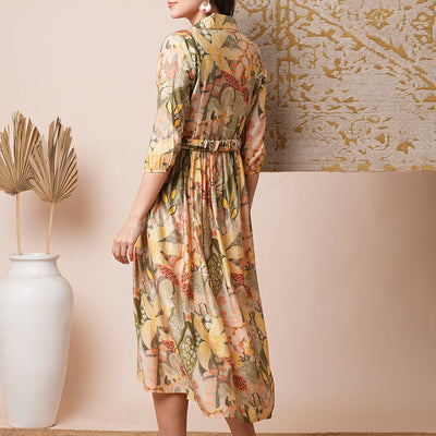 Abstract Geometric Printed A-Line Pleated Midi Dress with Buckle Belt - Multi