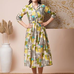 Abstract Geometric Printed A-Line Pleated Midi Dress with Buckle Belt - Multi