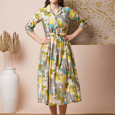 Abstract Geometric Printed A-Line Pleated Midi Dress with Buckle Belt - Multi