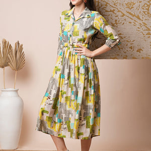 Abstract Geometric Printed A-Line Pleated Midi Dress with Buckle Belt - Multi