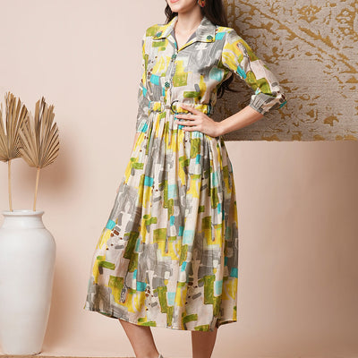 Abstract Geometric Printed A-Line Pleated Midi Dress with Buckle Belt - Multi