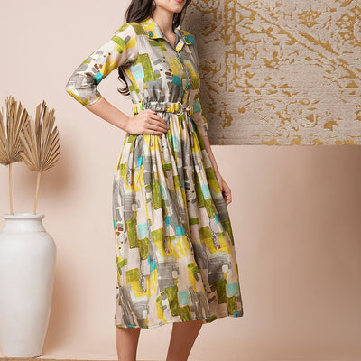 Abstract Geometric Printed A-Line Pleated Midi Dress with Buckle Belt - Multi