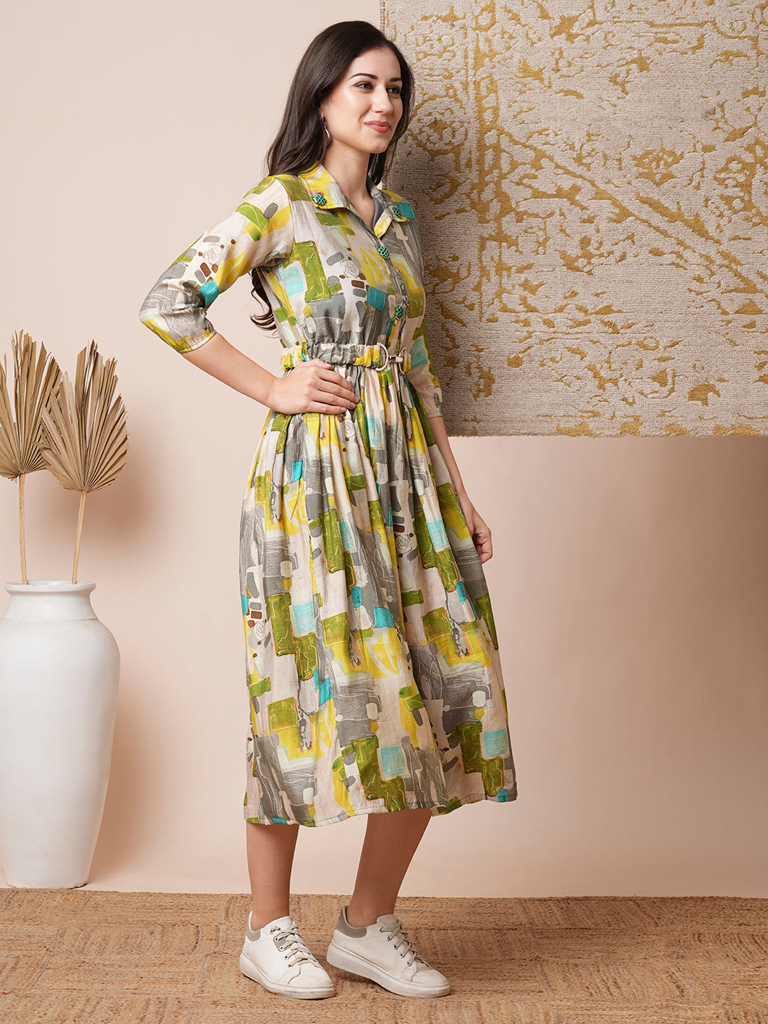 Abstract Geometric Printed A-Line Pleated Midi Dress with Buckle Belt - Multi