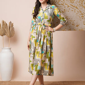 Abstract Geometric Printed A-Line Pleated Midi Dress with Buckle Belt - Multi