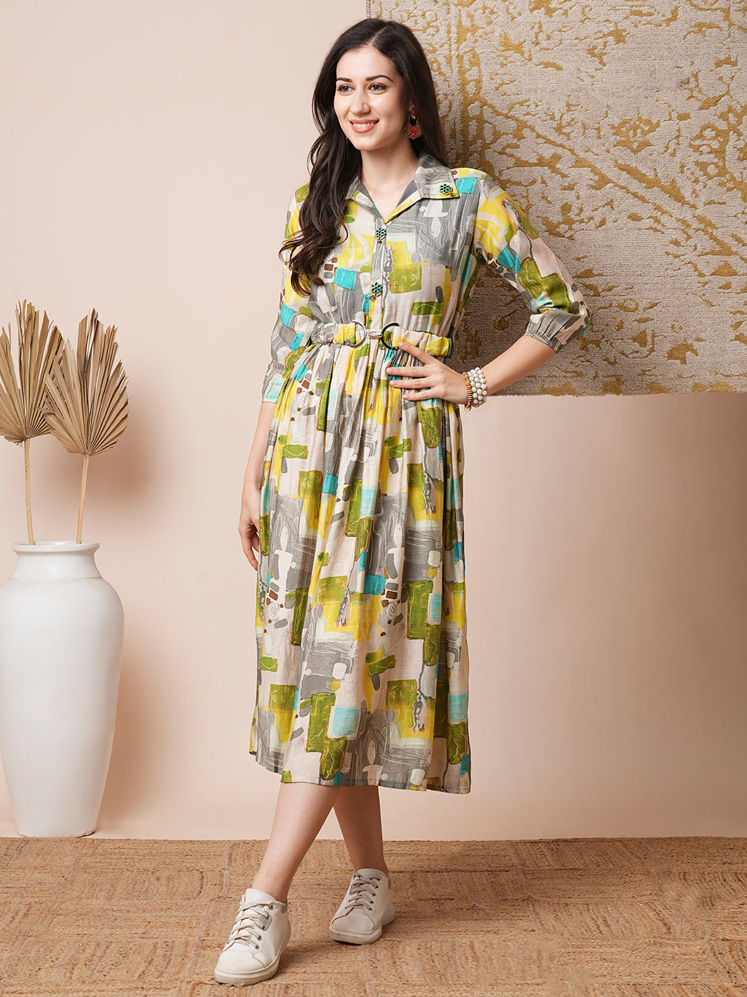 Abstract Geometric Printed A-Line Pleated Midi Dress with Buckle Belt - Multi