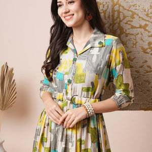 Abstract Geometric Printed A-Line Pleated Midi Dress with Buckle Belt - Multi
