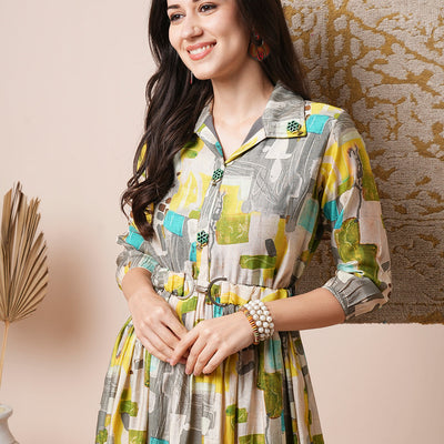 Abstract Geometric Printed A-Line Pleated Midi Dress with Buckle Belt - Multi