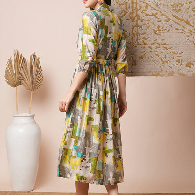 Abstract Geometric Printed A-Line Pleated Midi Dress with Buckle Belt - Multi