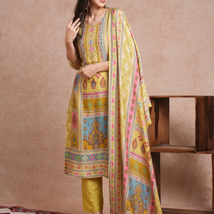 Ethnic Printed & Mirror Embroidered Straight Fit Kurta with Pant and Dupatta - Green