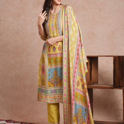 Ethnic Printed & Mirror Embroidered Straight Fit Kurta with Pant and Dupatta - Green