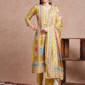 Ethnic Printed & Mirror Embroidered Straight Fit Kurta with Pant and Dupatta - Green