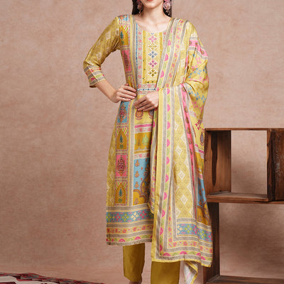 Ethnic Printed & Mirror Embroidered Straight Fit Kurta with Pant and Dupatta - Green
