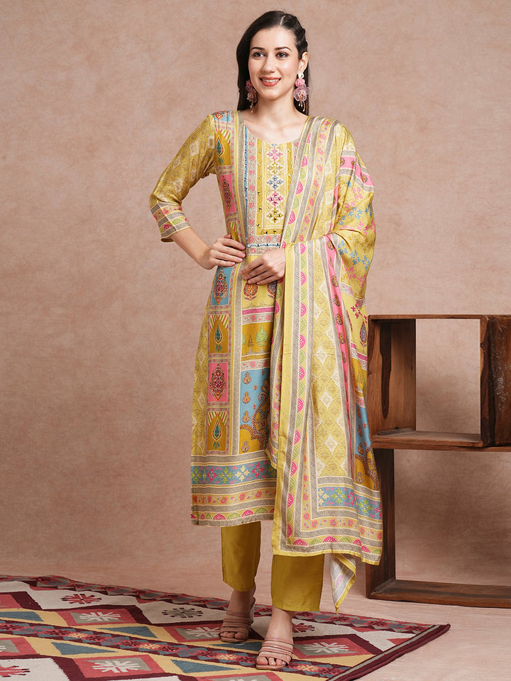 Ethnic Printed & Mirror Embroidered Straight Fit Kurta with Pant and Dupatta - Green