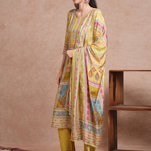 Ethnic Printed & Mirror Embroidered Straight Fit Kurta with Pant and Dupatta - Green