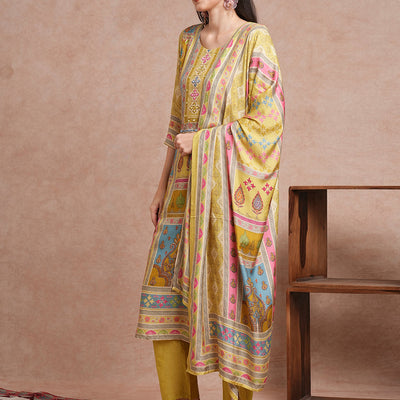 Ethnic Printed & Mirror Embroidered Straight Fit Kurta with Pant and Dupatta - Green