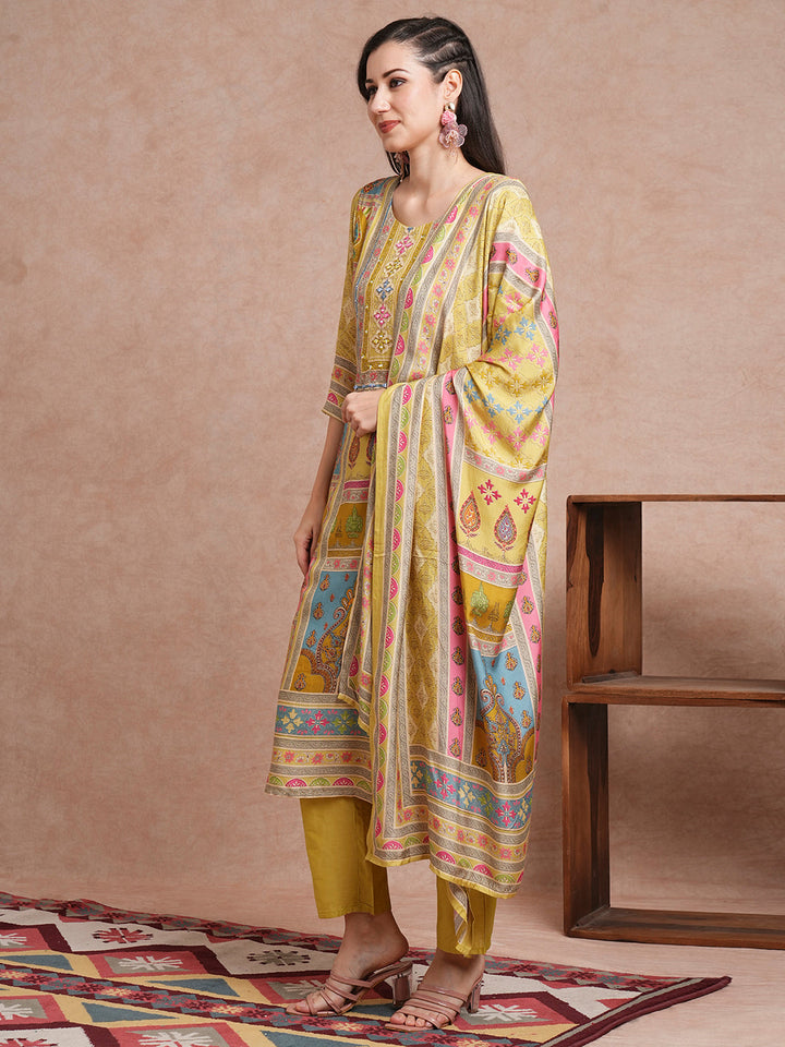 Ethnic Printed & Mirror Embroidered Straight Fit Kurta with Pant and Dupatta - Green