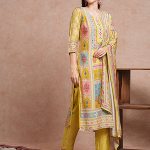 Ethnic Printed & Mirror Embroidered Straight Fit Kurta with Pant and Dupatta - Green