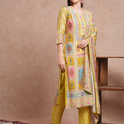 Ethnic Printed & Mirror Embroidered Straight Fit Kurta with Pant and Dupatta - Green