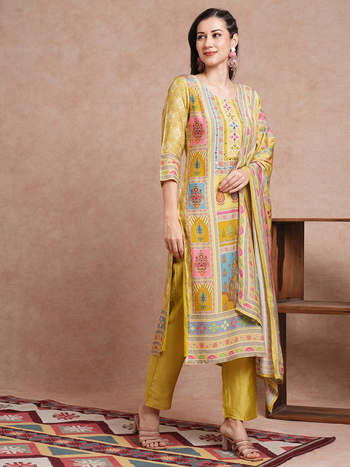 Ethnic Printed & Mirror Embroidered Straight Fit Kurta with Pant and Dupatta - Green