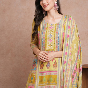 Ethnic Printed & Mirror Embroidered Straight Fit Kurta with Pant and Dupatta - Green