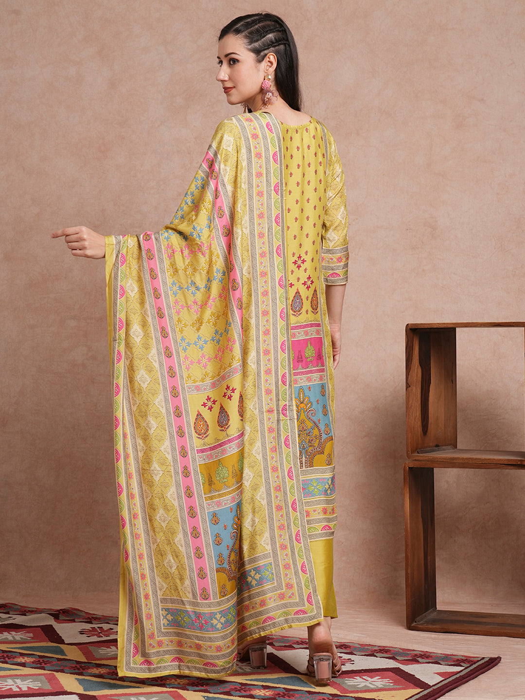 Ethnic Printed & Mirror Embroidered Straight Fit Kurta with Pant and Dupatta - Green