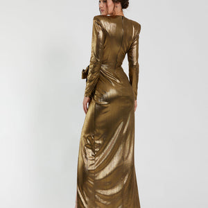 Mac Duggal 27206 Long Sleeve Formal Metallic Evening Dress