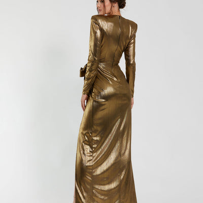 Mac Duggal 27206 Long Sleeve Formal Metallic Evening Dress