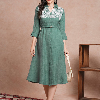 Floral Printed A-Line Flared Midi Dress - Green