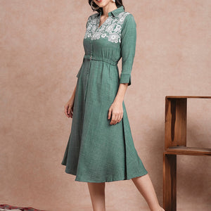 Floral Printed A-Line Flared Midi Dress - Green