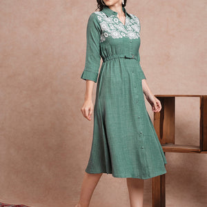Floral Printed A-Line Flared Midi Dress - Green