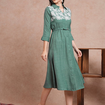 Floral Printed A-Line Flared Midi Dress - Green