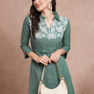 Floral Printed A-Line Flared Midi Dress - Green