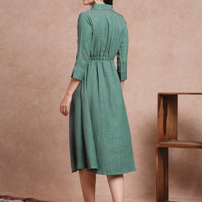 Floral Printed A-Line Flared Midi Dress - Green