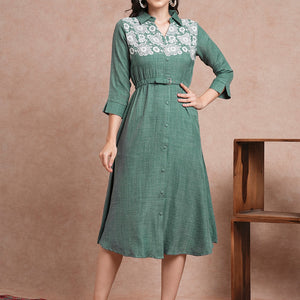 Floral Printed A-Line Flared Midi Dress - Green