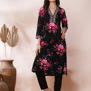Floral Printed & Embroidered Straight Fit Kurta with Pant - Black