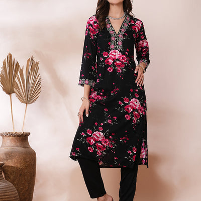 Floral Printed & Embroidered Straight Fit Kurta with Pant - Black