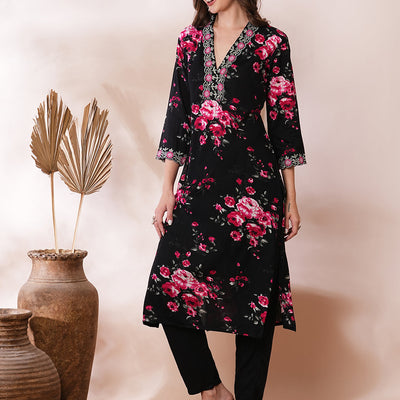 Floral Printed & Embroidered Straight Fit Kurta with Pant - Black