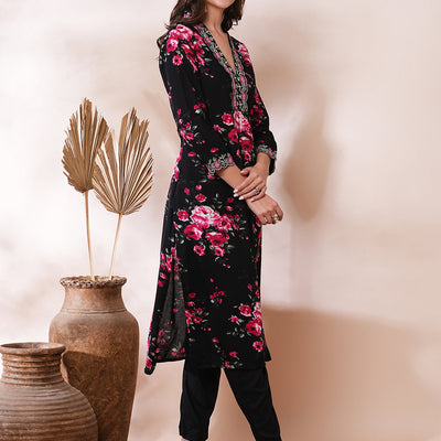 Floral Printed & Embroidered Straight Fit Kurta with Pant - Black