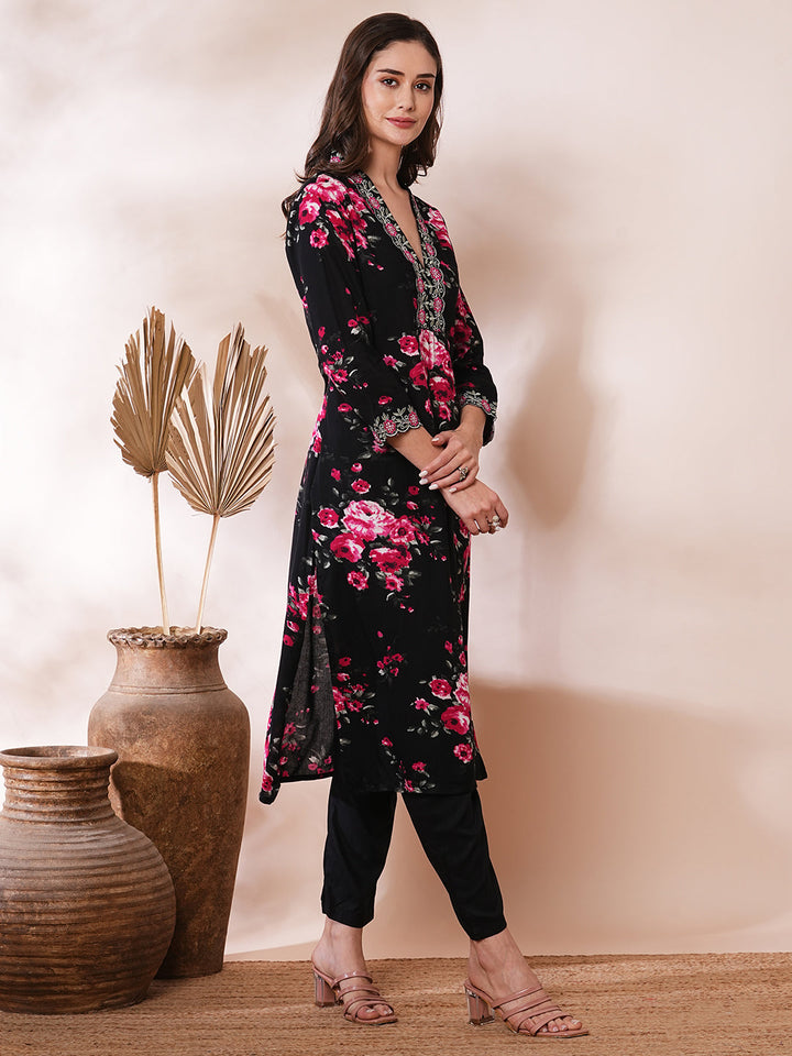 Floral Printed & Embroidered Straight Fit Kurta with Pant - Black