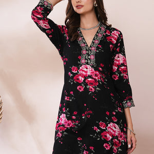 Floral Printed & Embroidered Straight Fit Kurta with Pant - Black